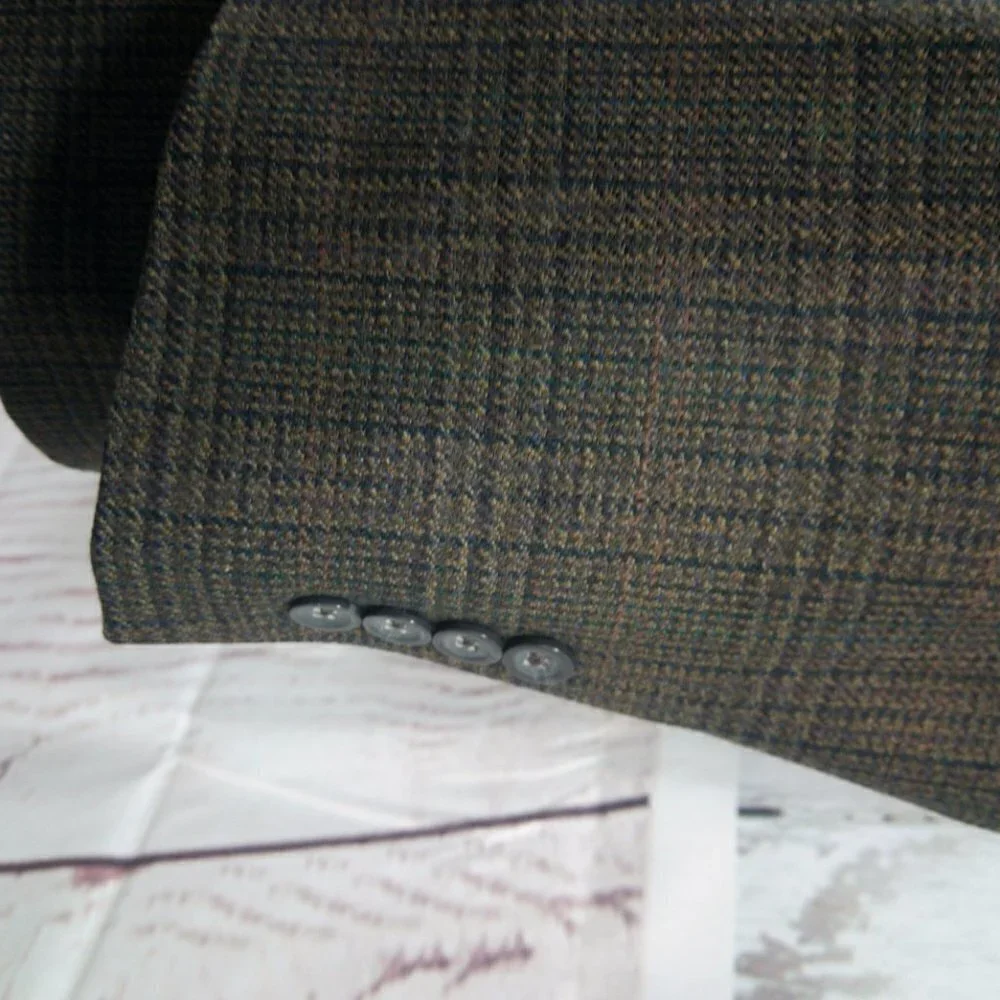 Oscar de la Renta 44R Lambswool Blend 2 Btn Brown Plaid Suit Blazer Sport Coat